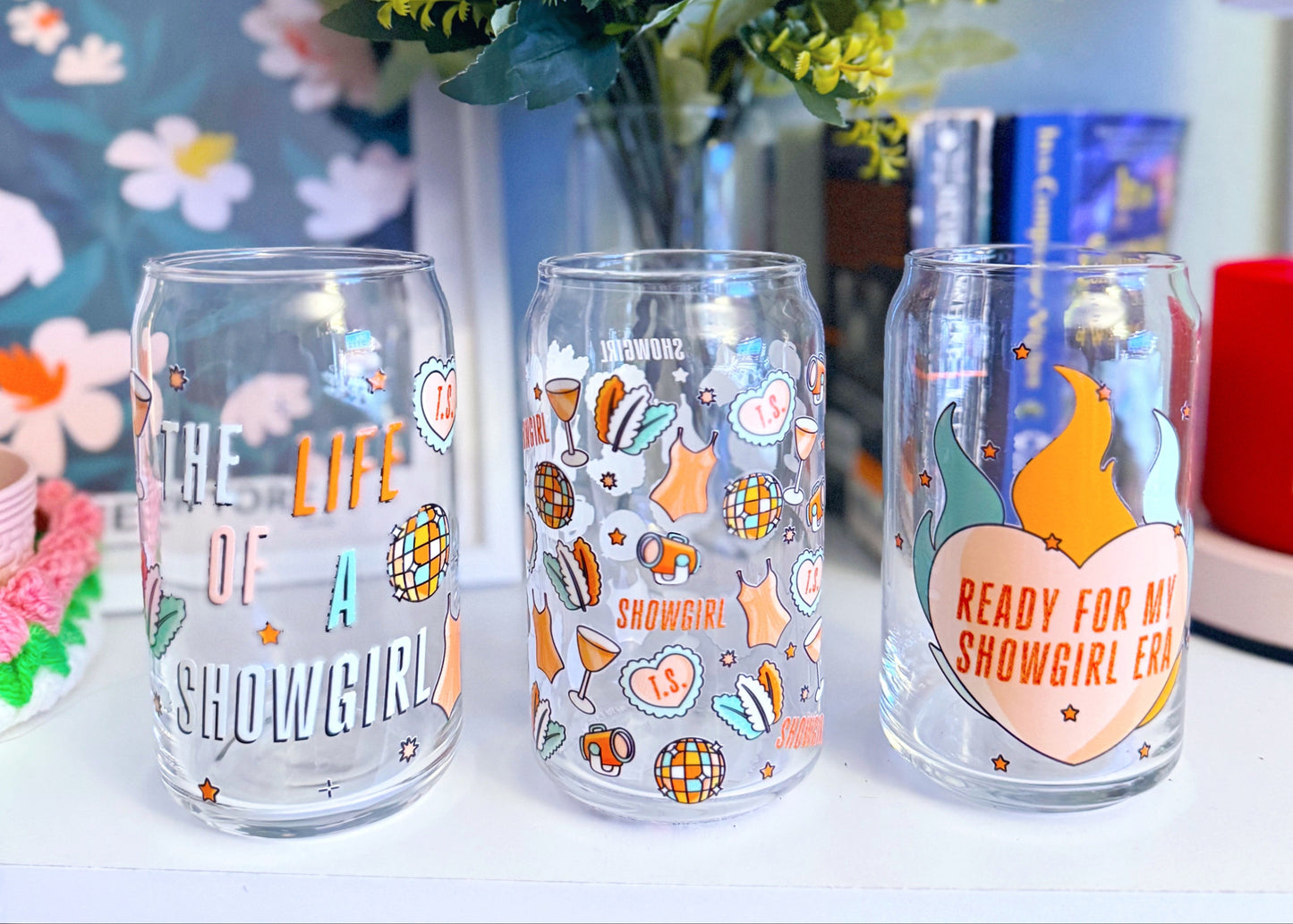 Showgirl era glass can cups for iced coffee or matcha lattes.