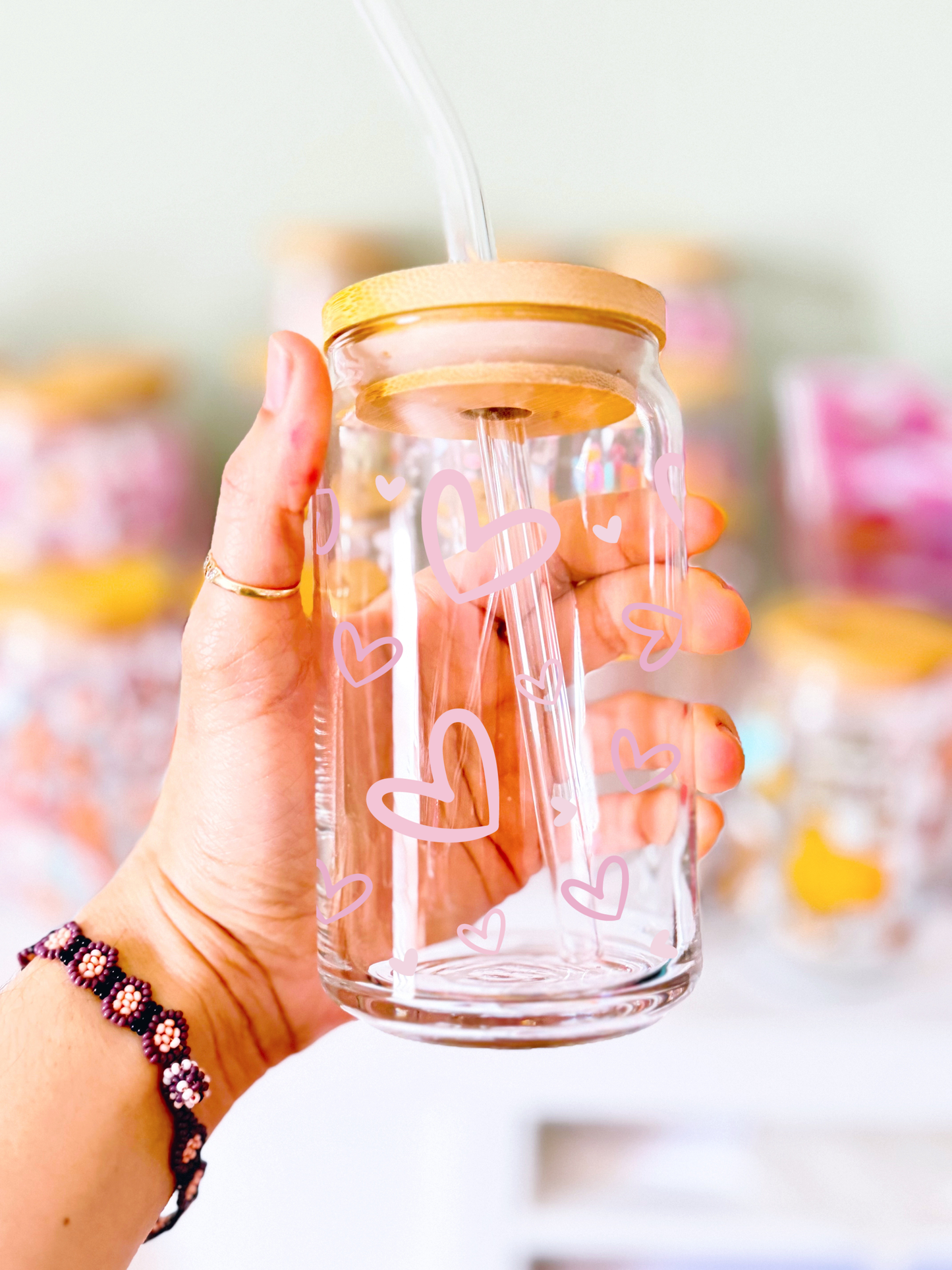 Pink Doodle Hearts Glass Can