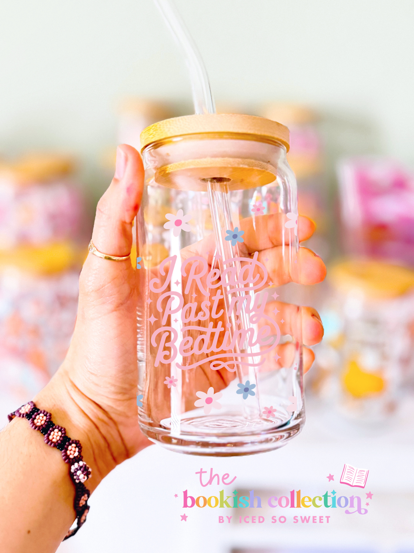 I Read Past My Bedtime Glass Can with Bamboo Lid & Glass Straw – 16 oz & 20 oz