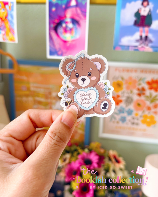 Dearest Gentle Reader Water-Resistant Vinyl Sticker | Cute Bookish Teddy Bear Sticker | Approx. 2.5 Inches