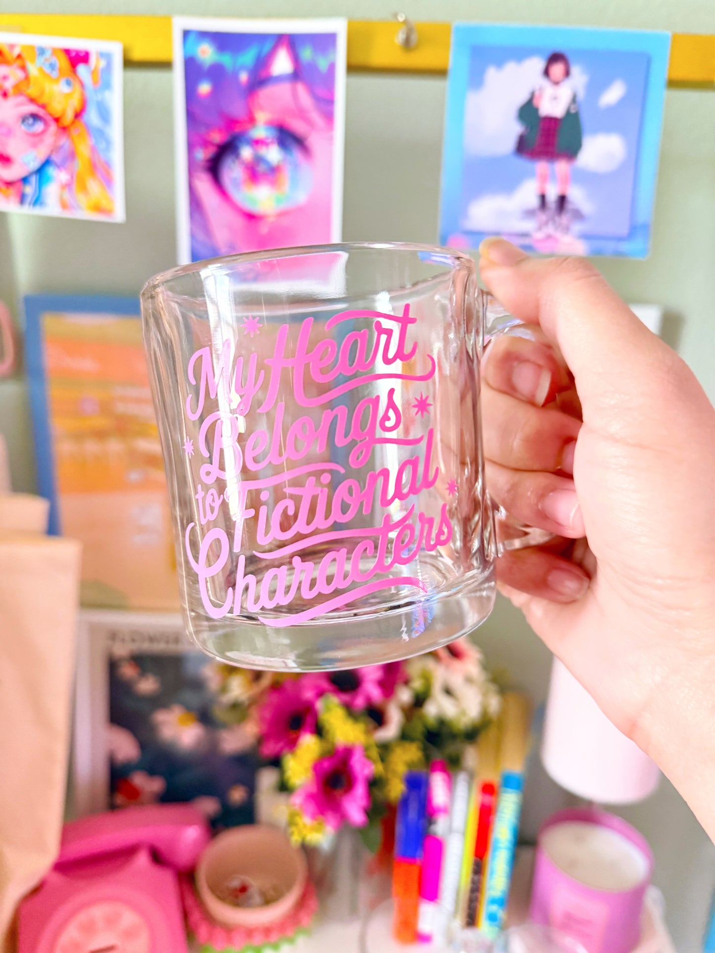 My Heart Belongs to Fictional Characters Glass Coffee Mug | 13 oz Book Lover Mug