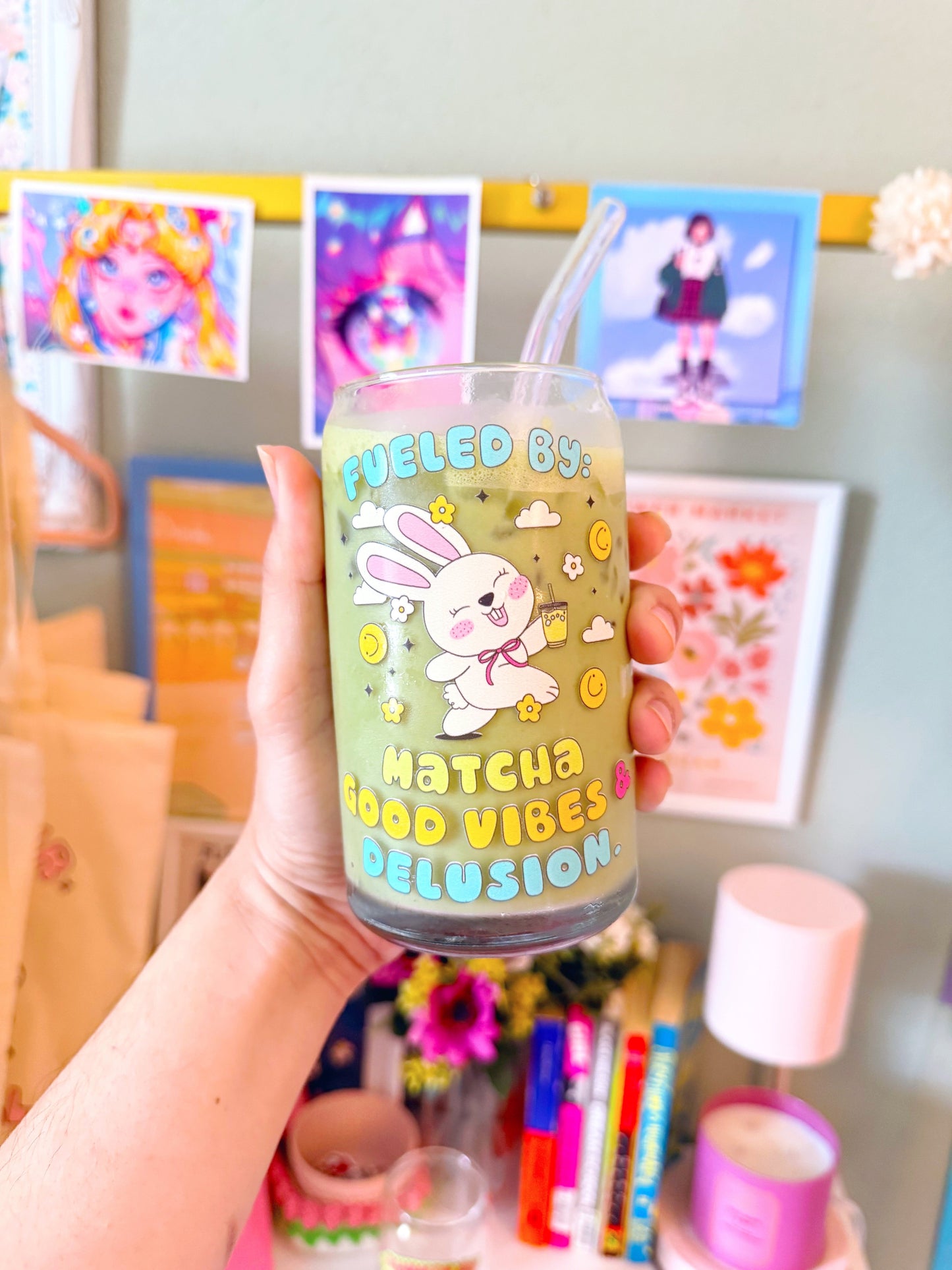 Fueled by Matcha Good Vibes & Delusion Glass Cup | Cute Bunny Matcha Cup | 16 oz or 20 oz