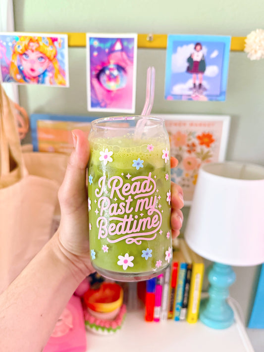I Read Past My Bedtime Glass Can with Bamboo Lid & Glass Straw – 16 oz & 20 oz