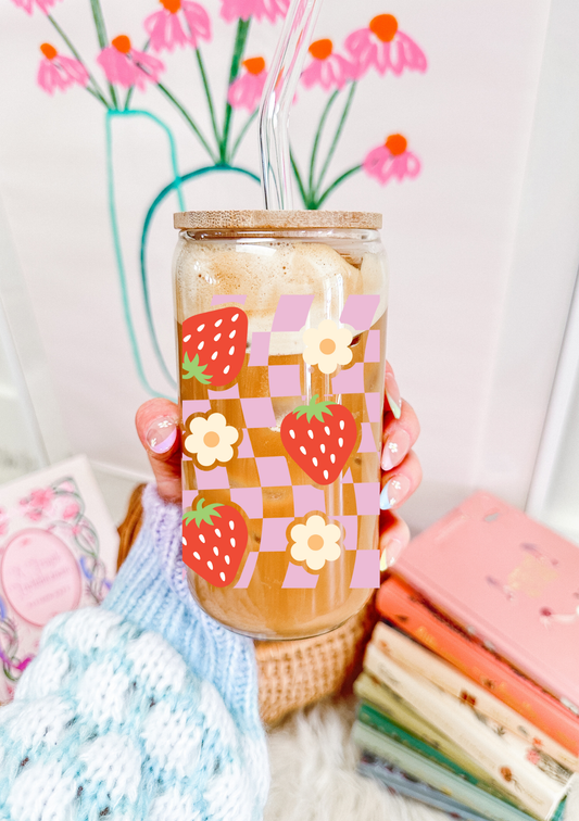 Checkered Strawberry Glass Can