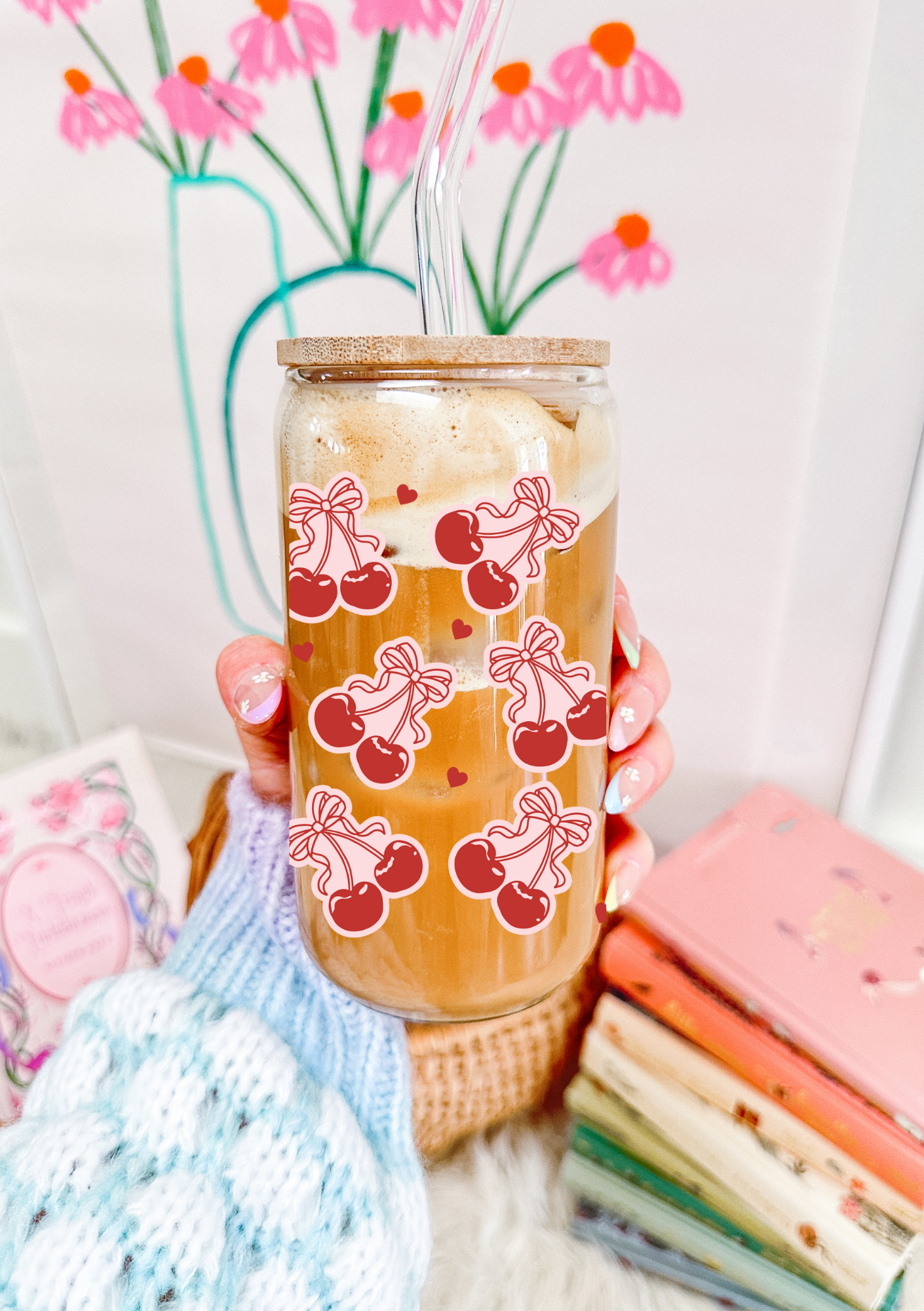 Cherry Bows & Hearts Glass Can