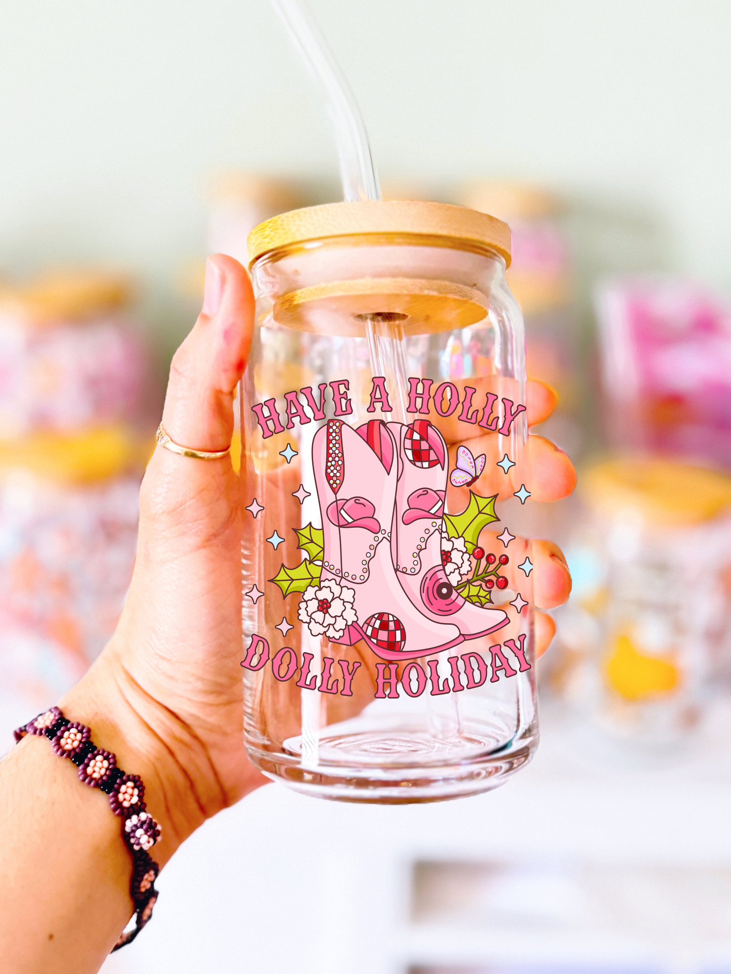 Have a Holly Dolly Holiday Glass Can