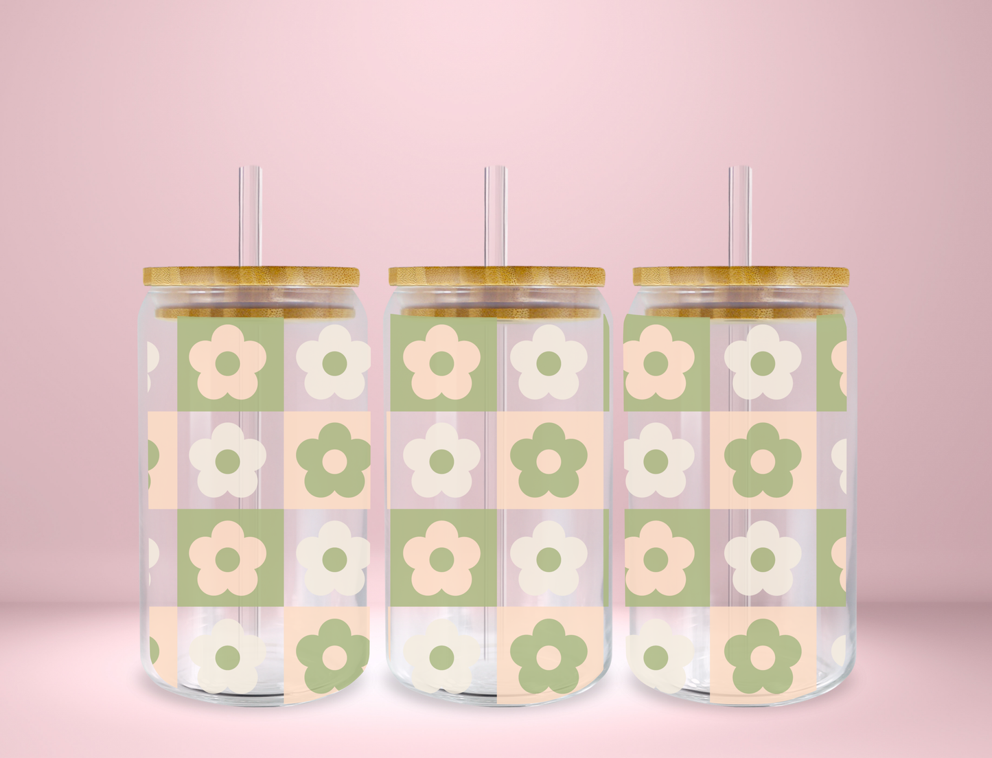 Matcha Green Checkered Flower Glass Can