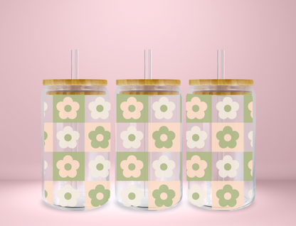 Matcha Green Checkered Flower Glass Can