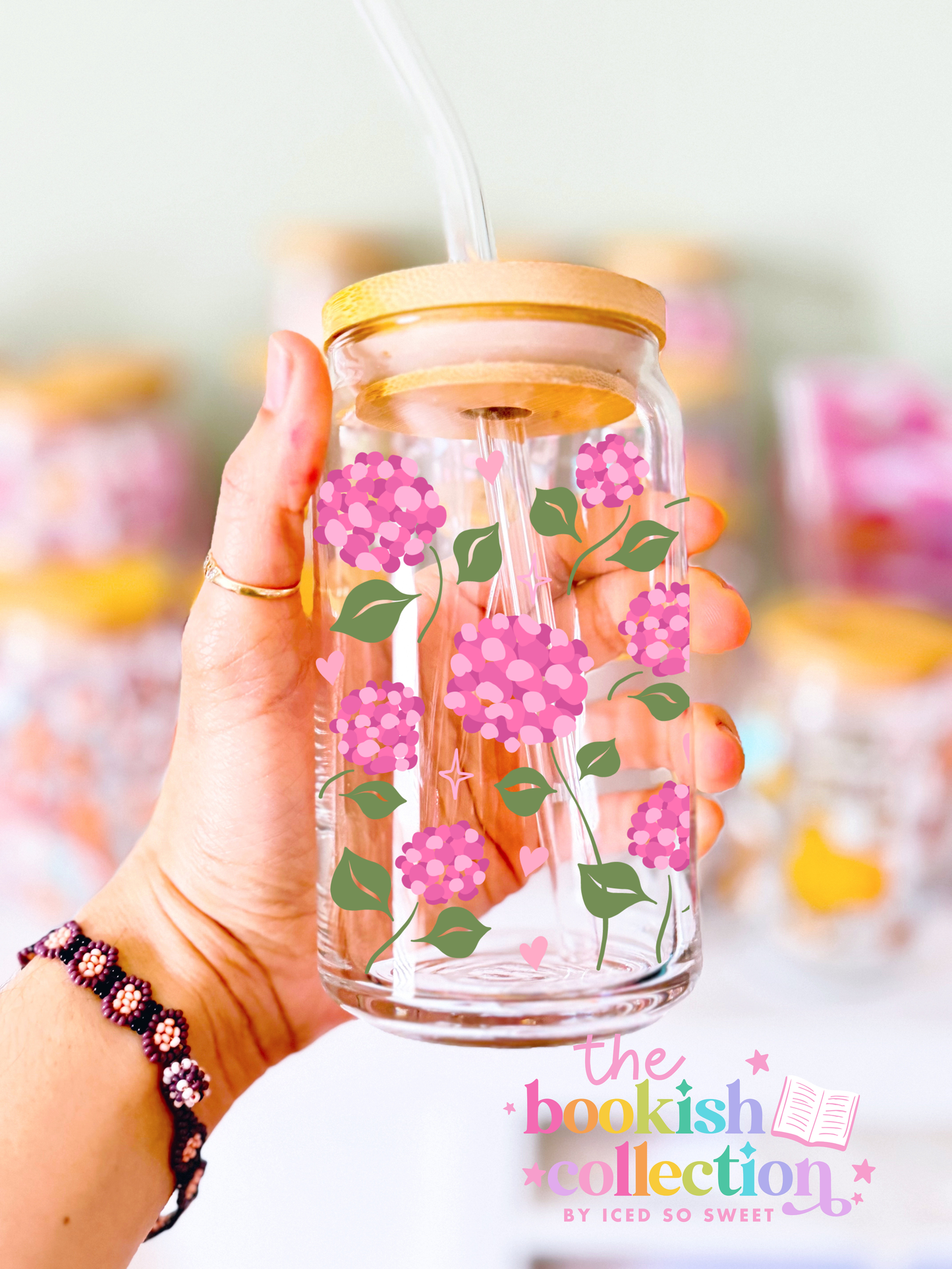 ne Hell of a Mother Glass Can Cup | 16 oz Funny Floral Mom Cup | Pink Hydrangea Glass Cup
