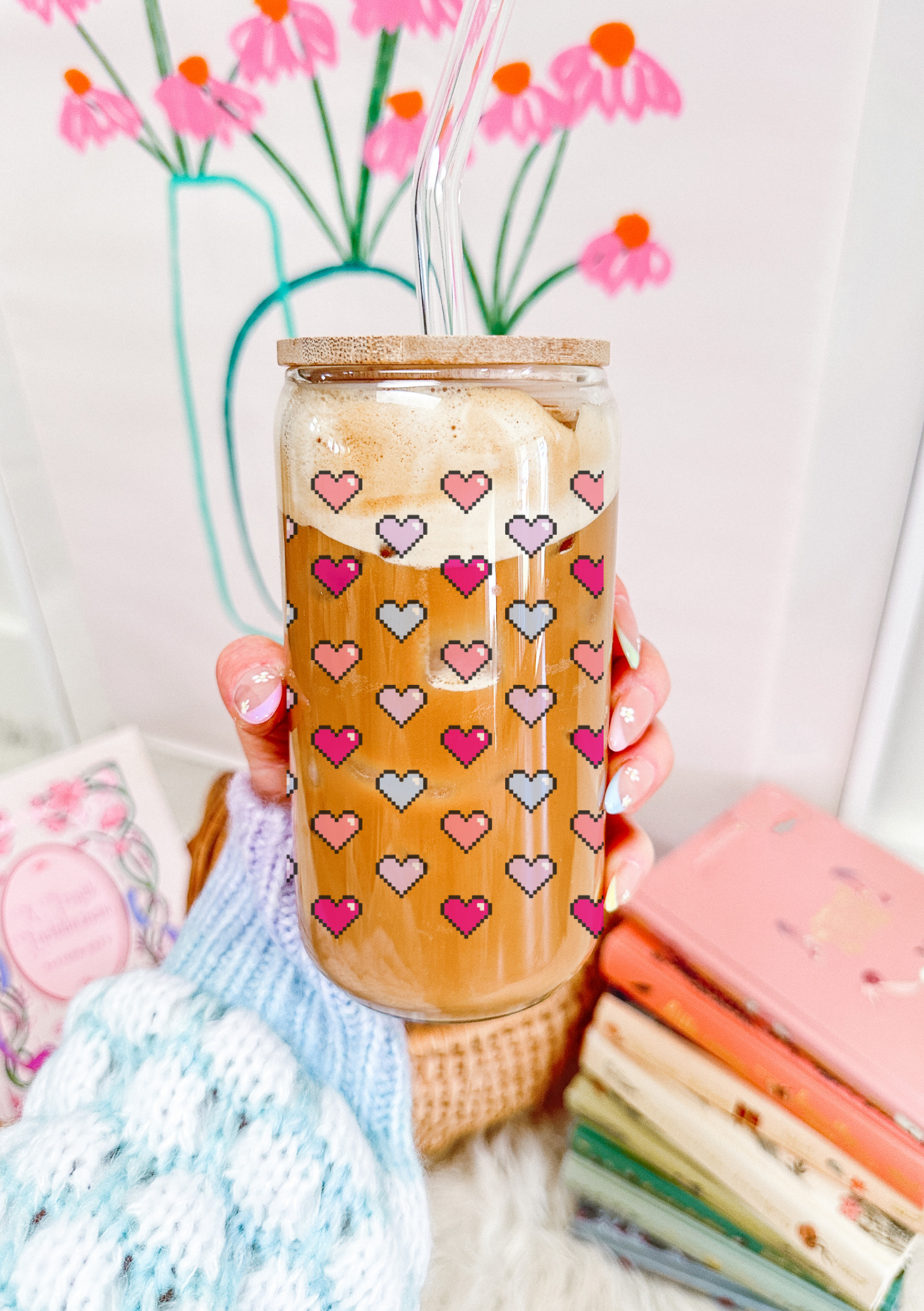 Pixeled Hearts Glass Can