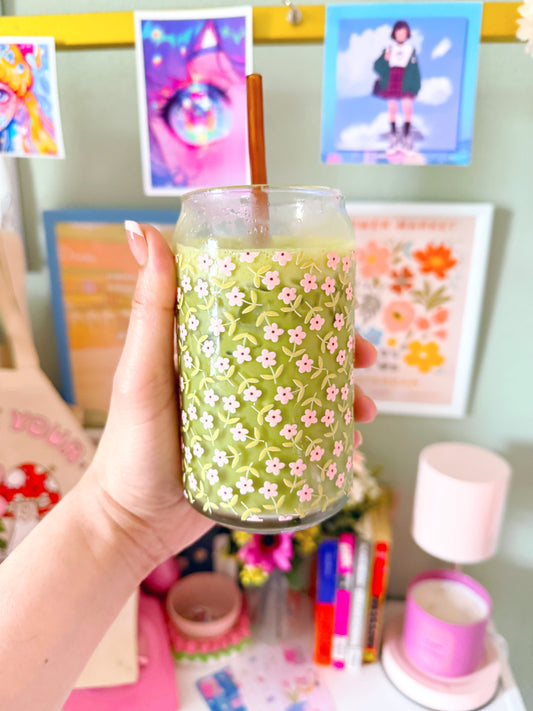 Pink Floral Glass Cup