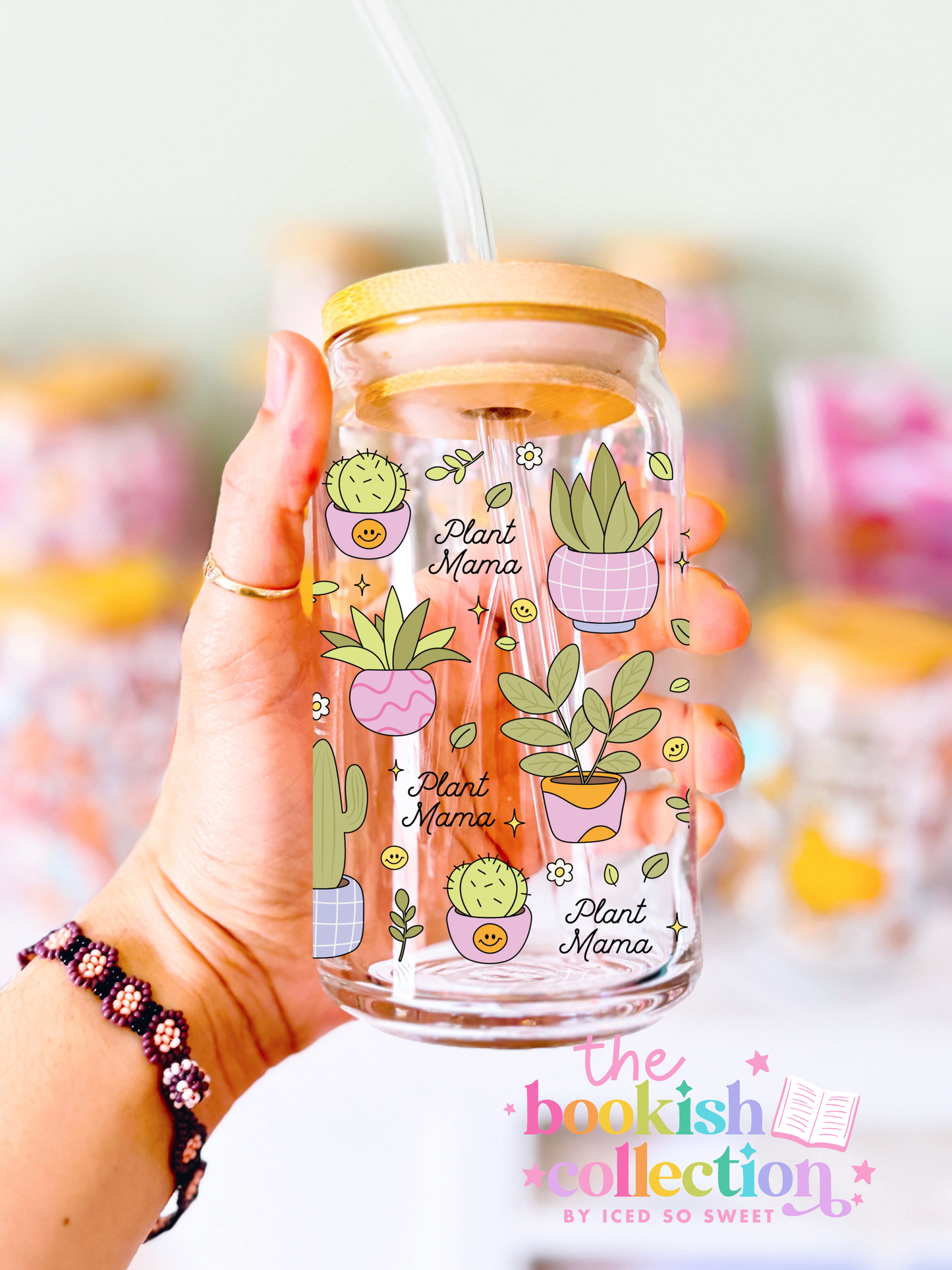 Plant Mama Glass Can Cup | 16 oz Cute Plant Lover Cup | Floral Botanical Iced Coffee Cup