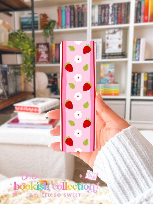Pink Strawberry Laminated Bookmarks | Cute Floral Bookmarks for Book Lovers | 2.5 x 7 Inches