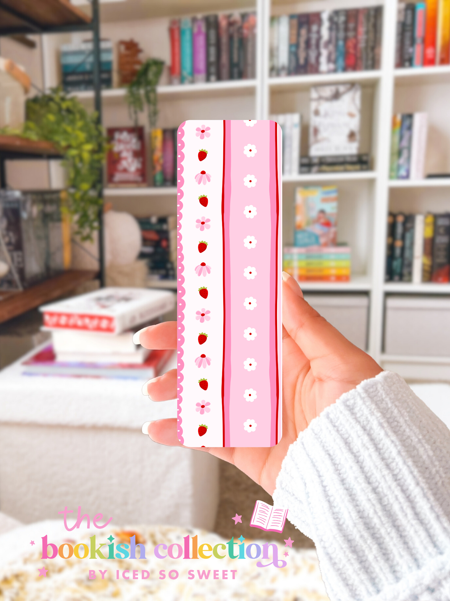 Pink Strawberry Laminated Bookmarks | Cute Floral Bookmarks for Book Lovers | 2.5 x 7 Inches