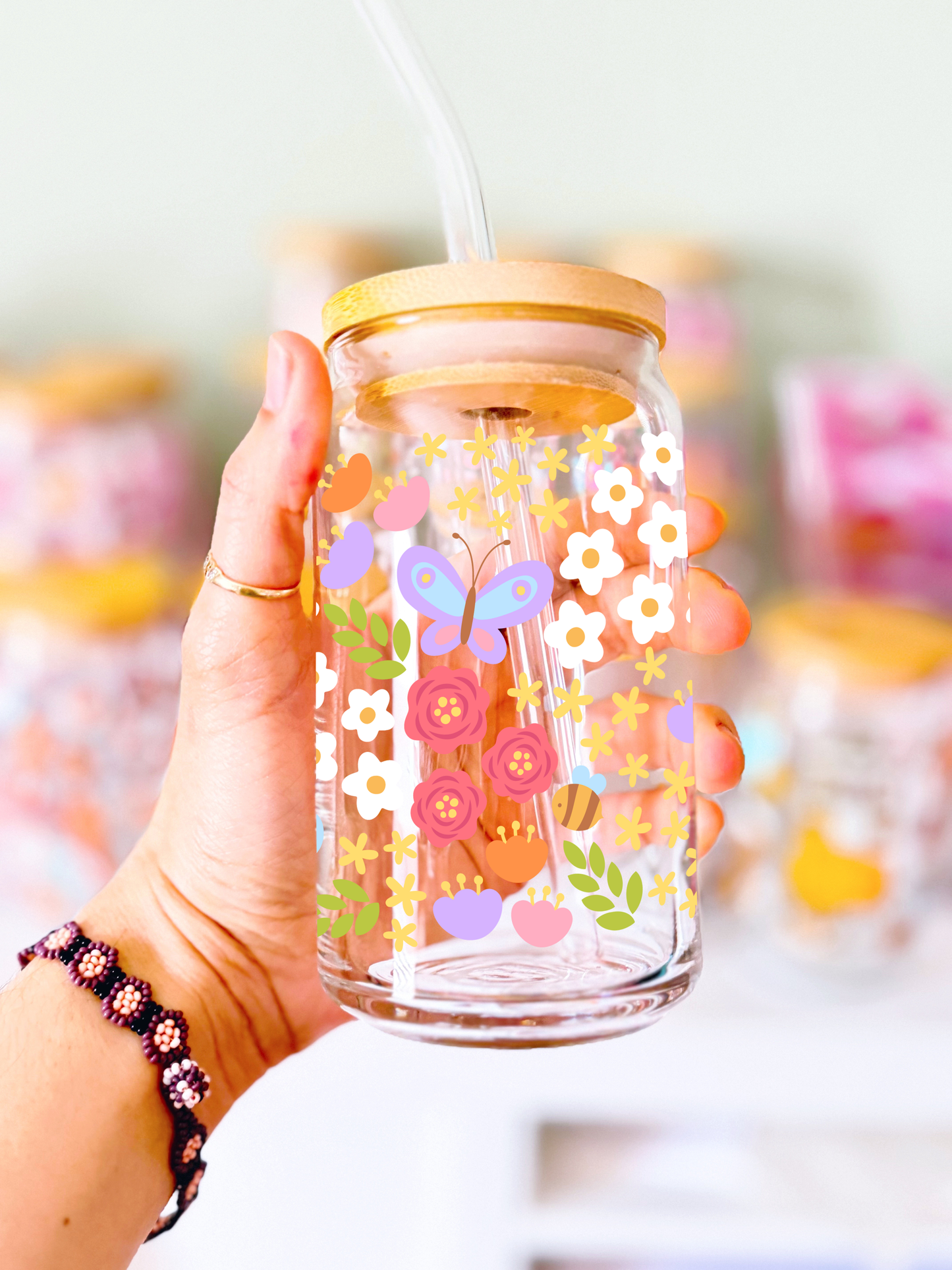 Spring Floral Glass Can